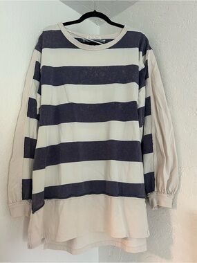Free People Cream & Distressed Purple Oversized Striped Top